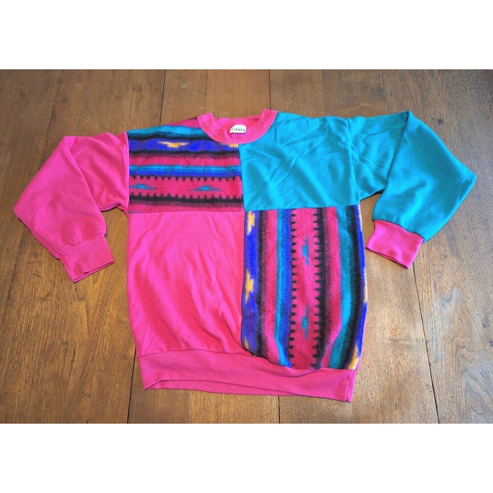 Vintage 90’s Basic Image Kids Girls Sz 14 Colorblock Graphic Long Sleeve Sweater